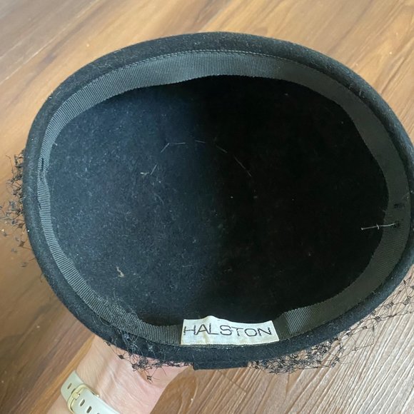 Halston vintage 1960s black wool netted pillbox pill box 
